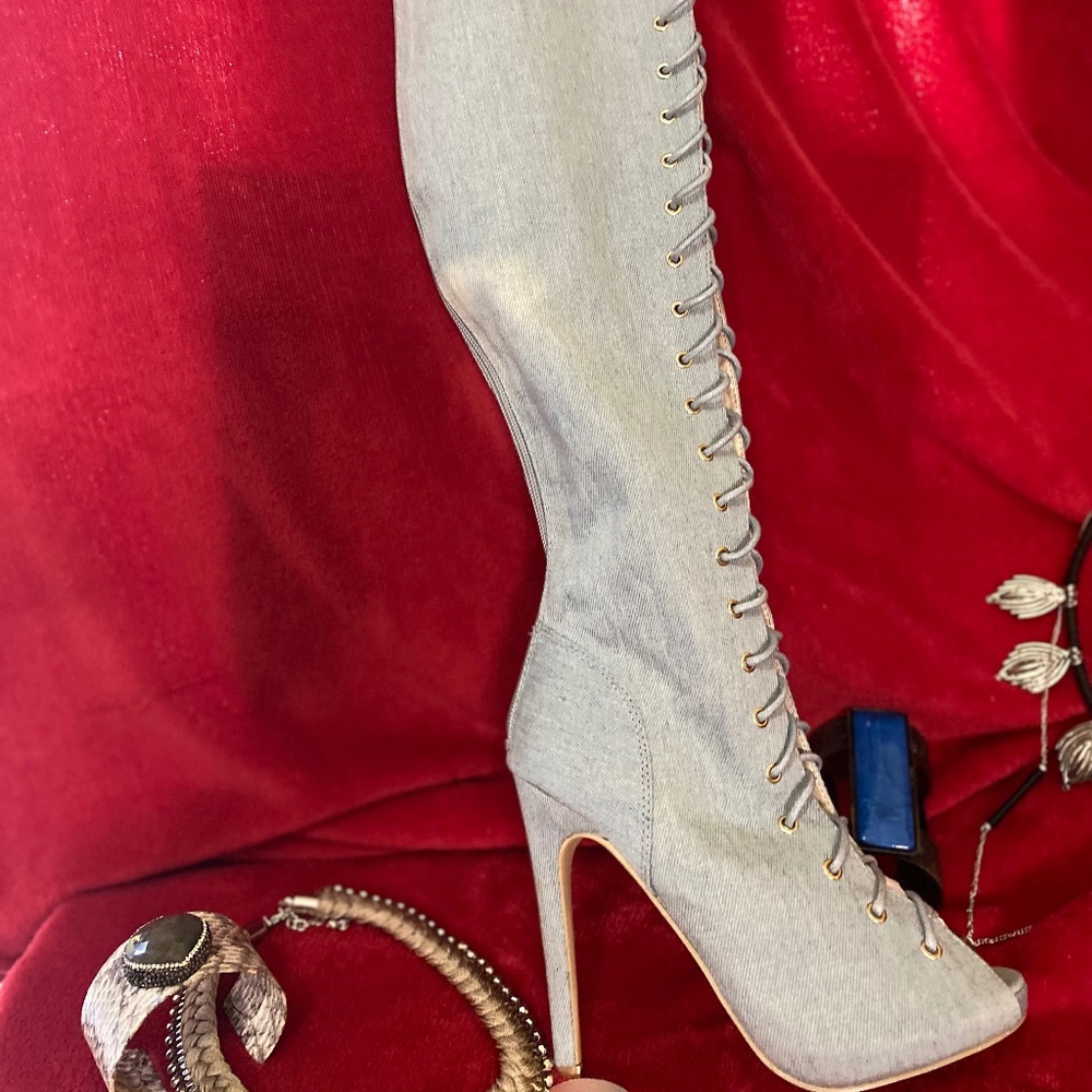 Washed Denim Front Lace Peep Toe Thigh High Boots varied sizes